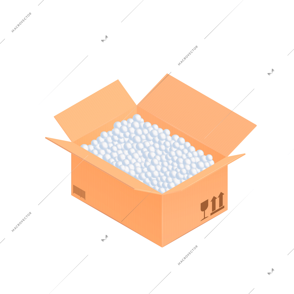 Isometric cardboard box composition with view of full loaded opened box vector illustration