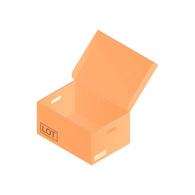 Isometric cardboard box composition with medium sized cardboard box with opened lid vector illustration