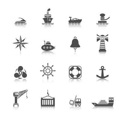 Sea port ocean transport icons black set isolated vector illustration