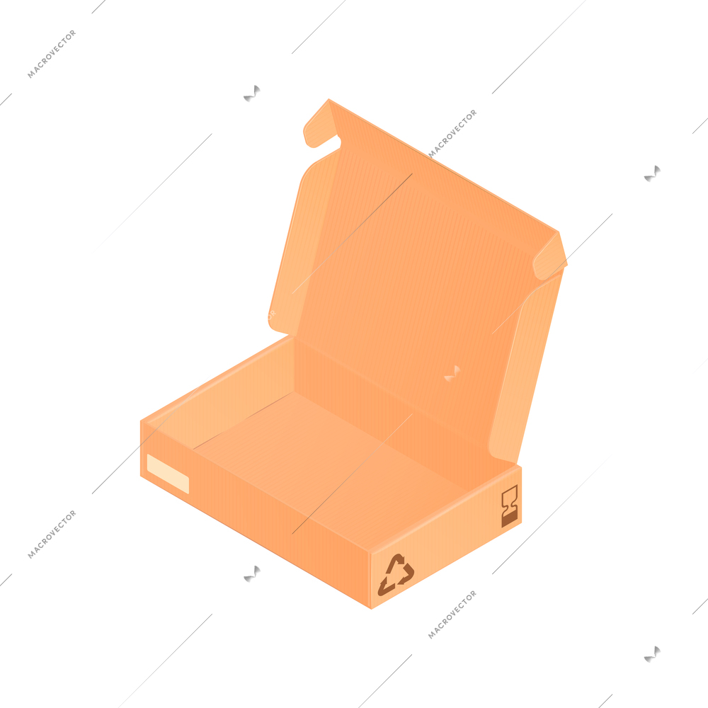 Isometric cardboard box composition with image of opened small box vector illustration