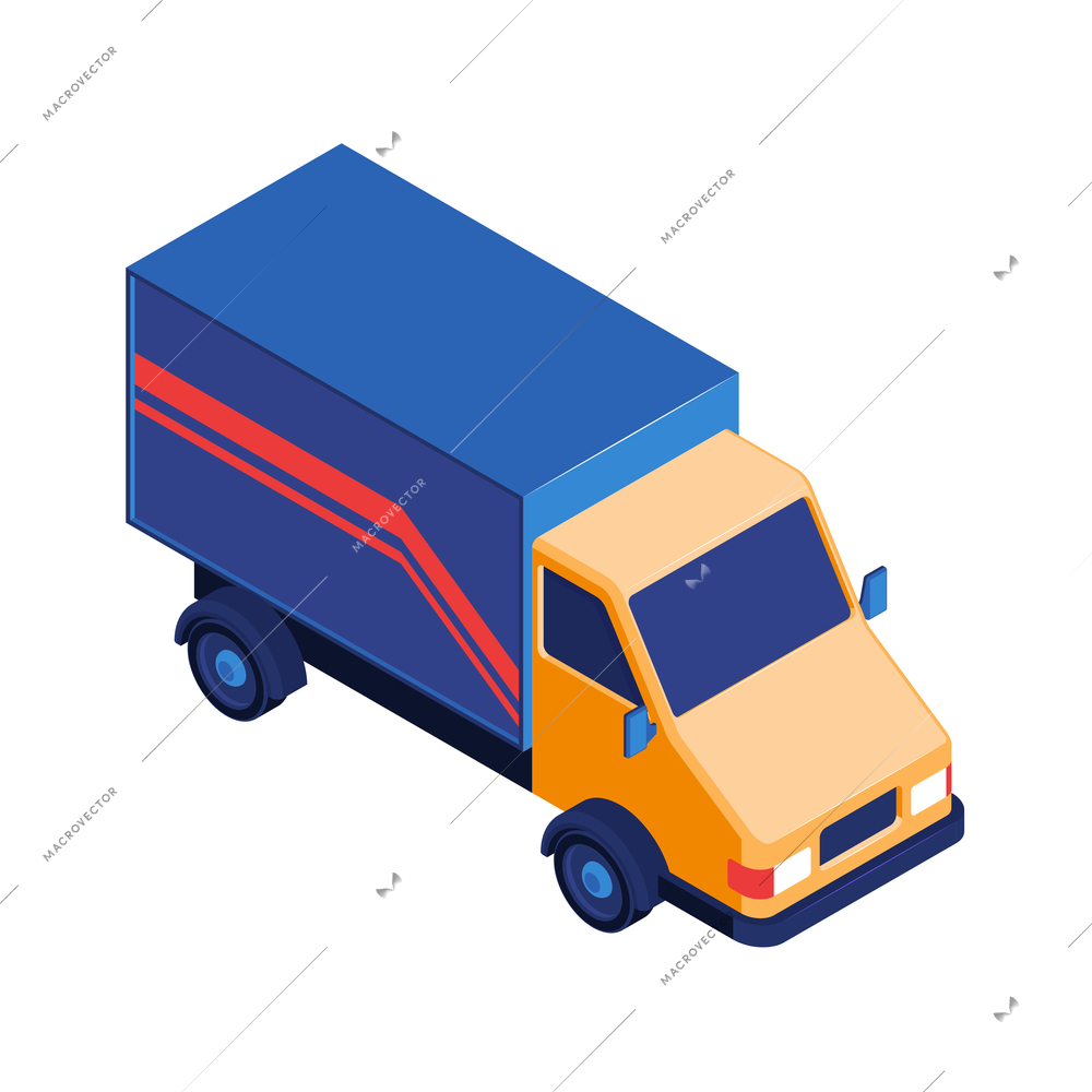 Isometric post composition with isolated image of delivery truck vector illustration