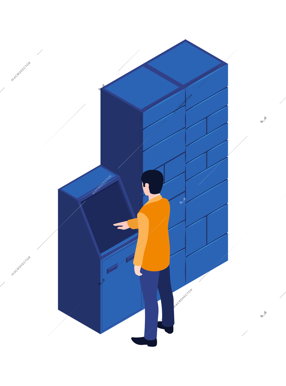 Isometric post terminal composition with human character interacting with automated parcel locker vector illustration