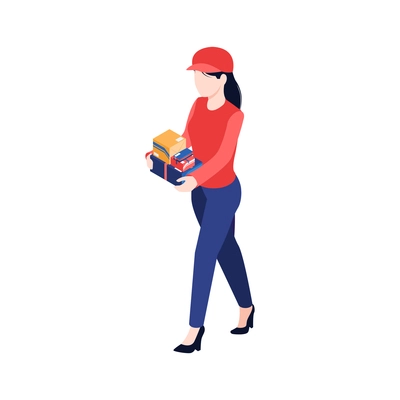 Isometric post composition with female character of postman with stack of parcels vector illustration