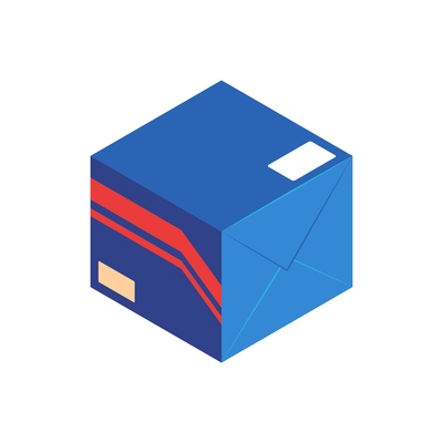 Isometric post composition with cube shaped box for parcel vector illustration