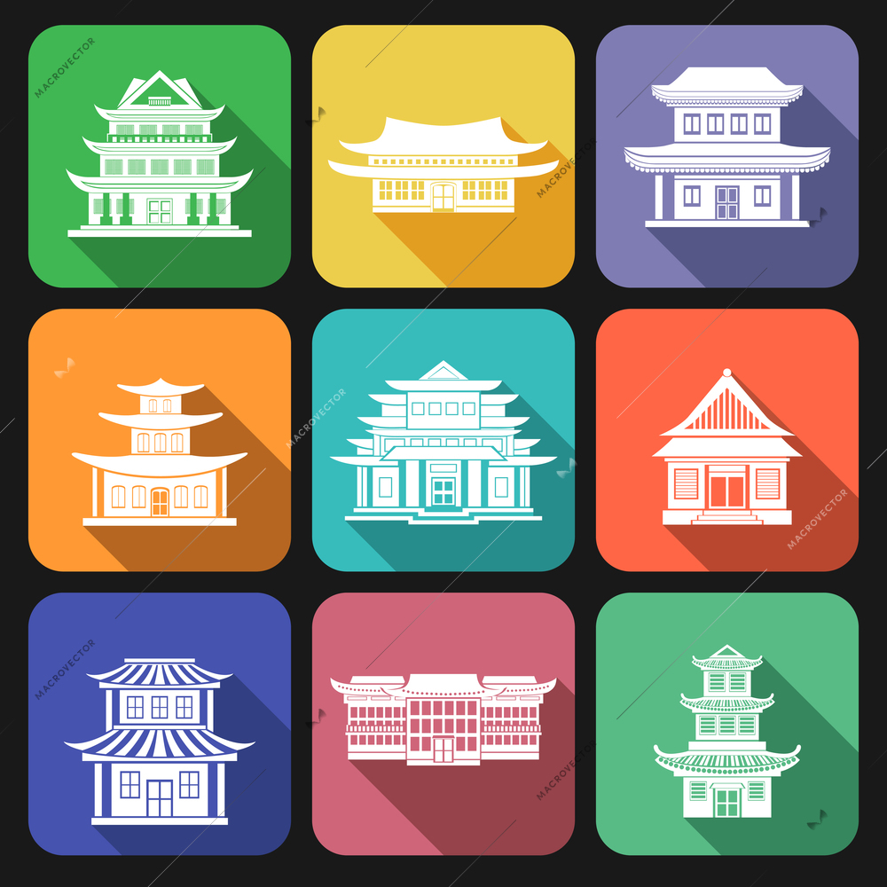 Chinese house traditional wooden oriental buildings flat icons set isolated vector illustration