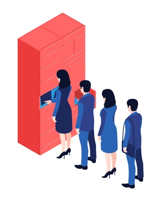Isometric post terminal composition with characters of people in line to automated parcel locker vector illustration