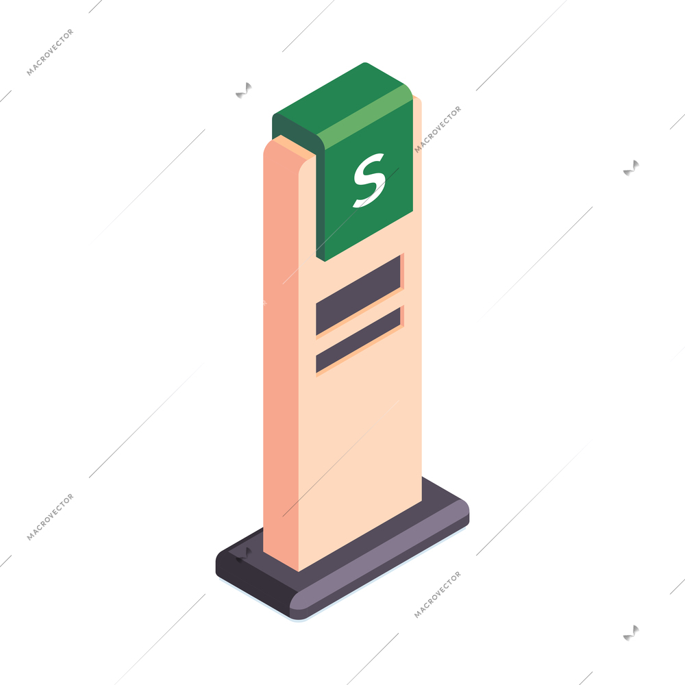 Isometric supermarket composition with motorway signboard stand with branding vector illustration