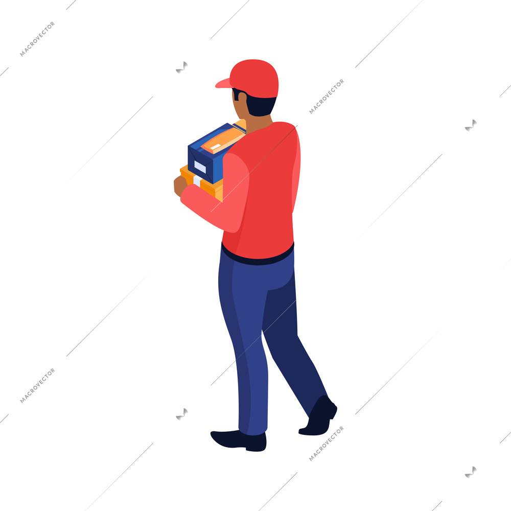 Isometric post composition with character of postman holding parcel box vector illustration