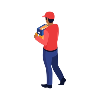 Isometric post composition with character of postman holding parcel box vector illustration