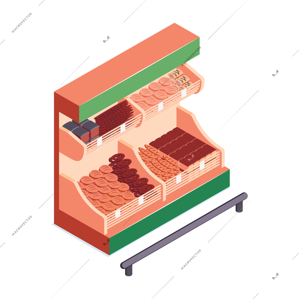 Isometric supermarket composition of rack with boxes of fruits on blank background vector illustration