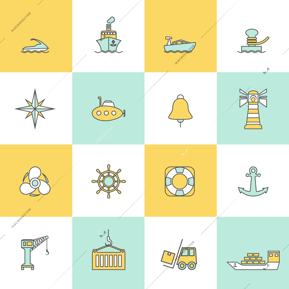 Sea port marine journey and shipping icons flat line set isolated vector illustration