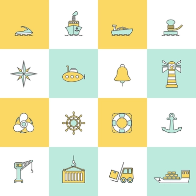 Sea port marine journey and shipping icons flat line set isolated vector illustration