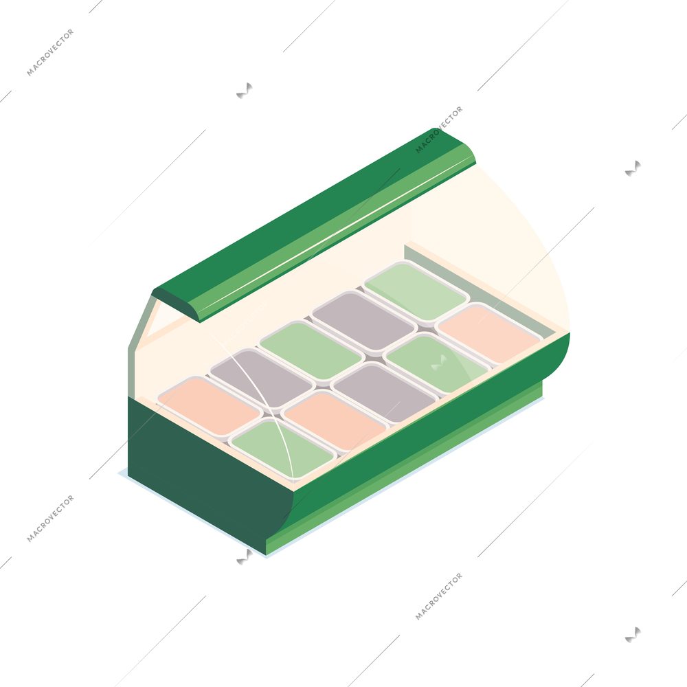 Isometric supermarket composition with display fridge for meat cheese and culinary vector illustration