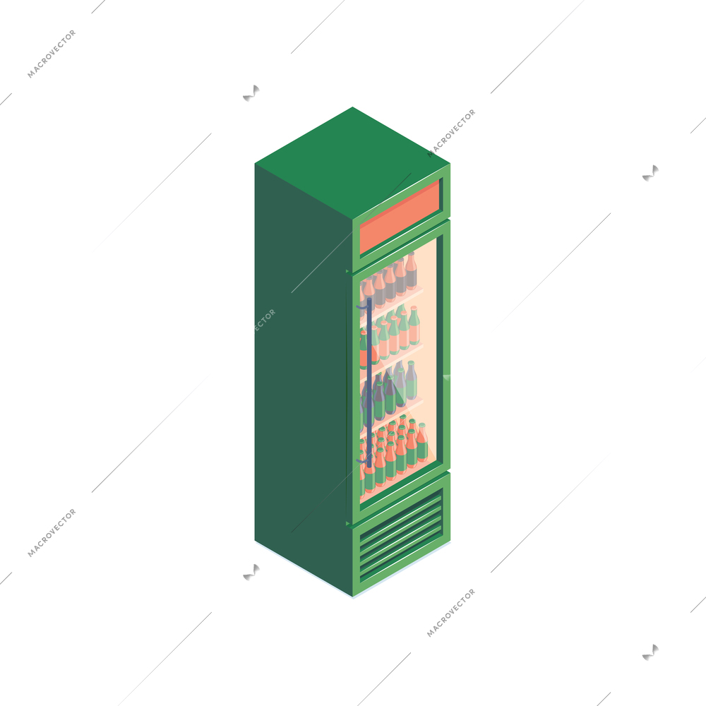 Isometric supermarket composition with isolated image of fridge cabinet with refreshing drinks vector illustration