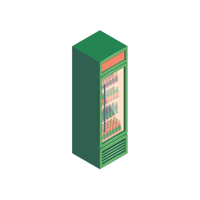 Isometric supermarket composition with isolated image of fridge cabinet with refreshing drinks vector illustration