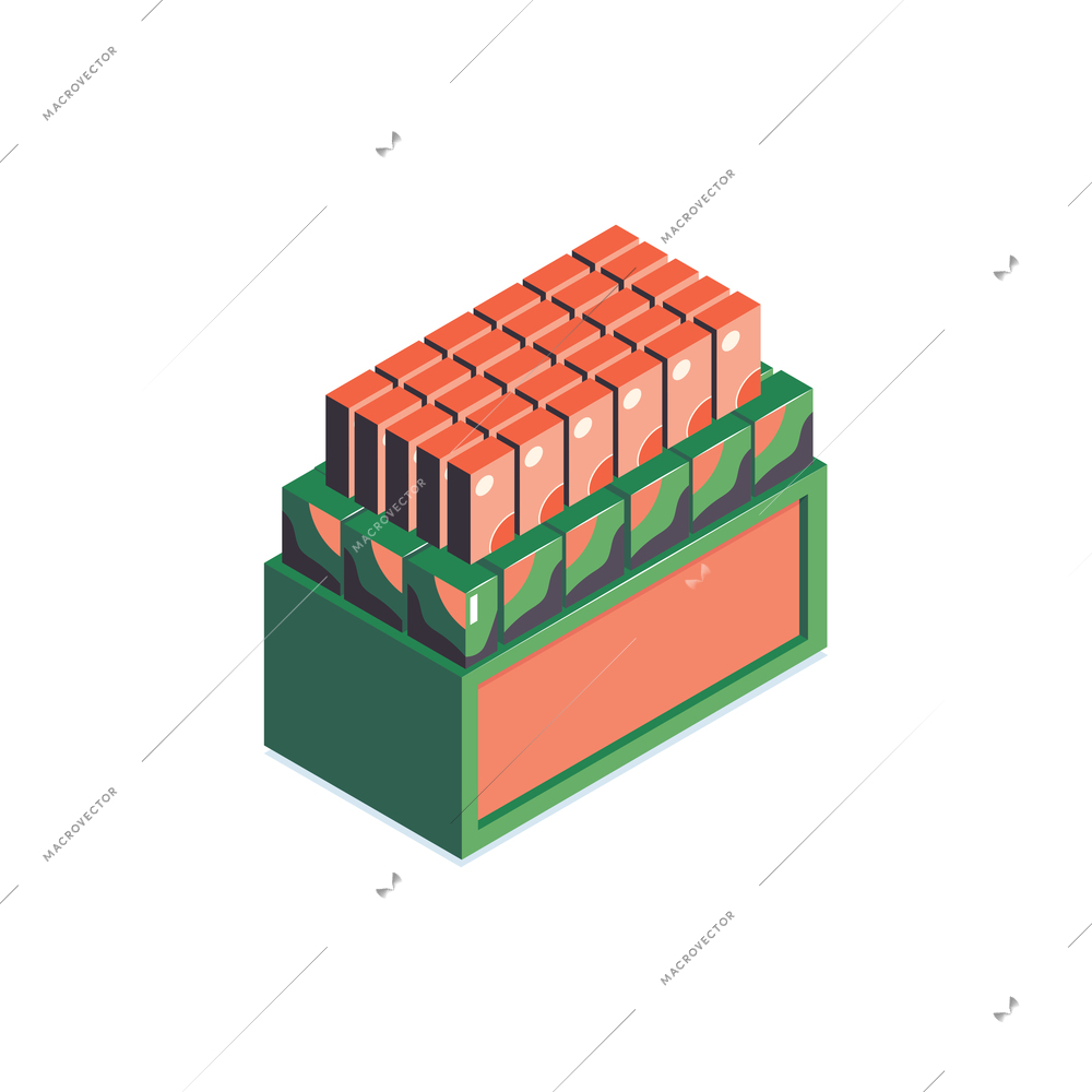 Isometric supermarket composition with market stand for promo products on blank background vector illustration