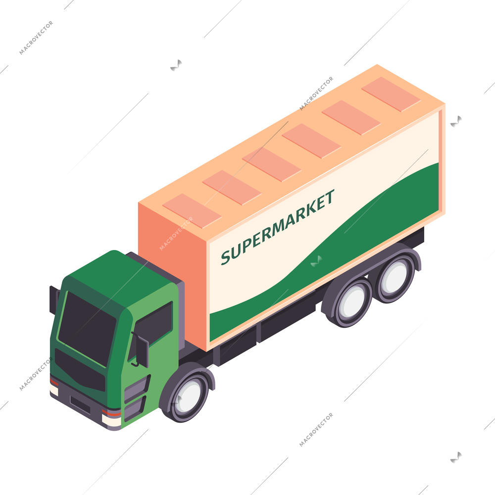 Isometric supermarket composition with image of delivery truck with chain branding vector illustration