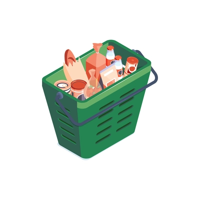 Isometric supermarket composition with view of deep plastic basket filled with products vector illustration