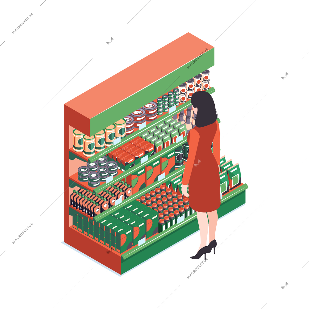 Isometric supermarket people composition with view of supermarket cabinet fridge and woman vector illustration