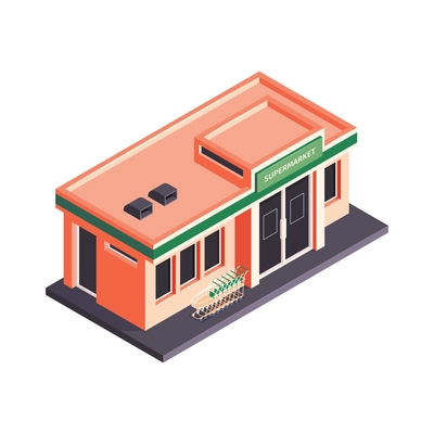 Isometric supermarket composition with view of supermarket entrance pavilion vector illustration