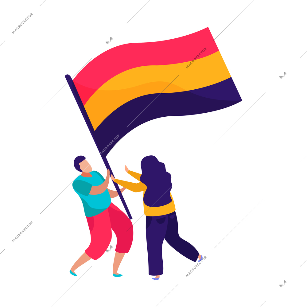 Discrimination flat composition with doodle human characters holding stripe flag vector illustration