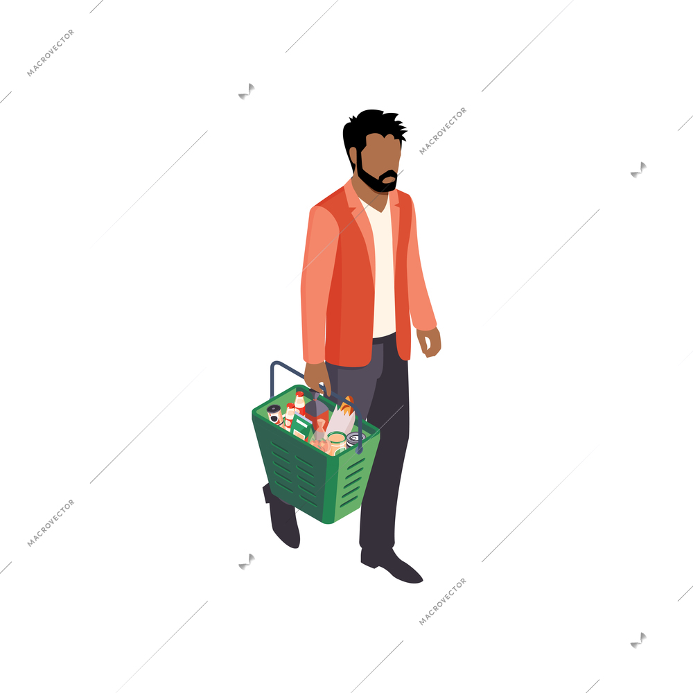 Isometric supermarket people composition with male character of visitor carrying plastic basket vector illustration