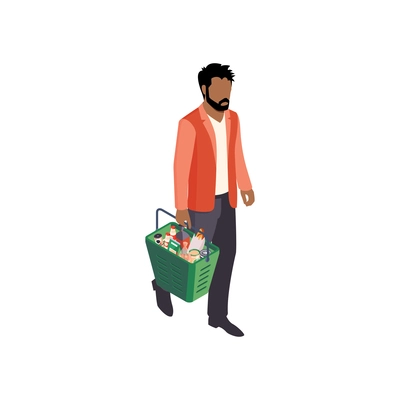 Isometric supermarket people composition with male character of visitor carrying plastic basket vector illustration