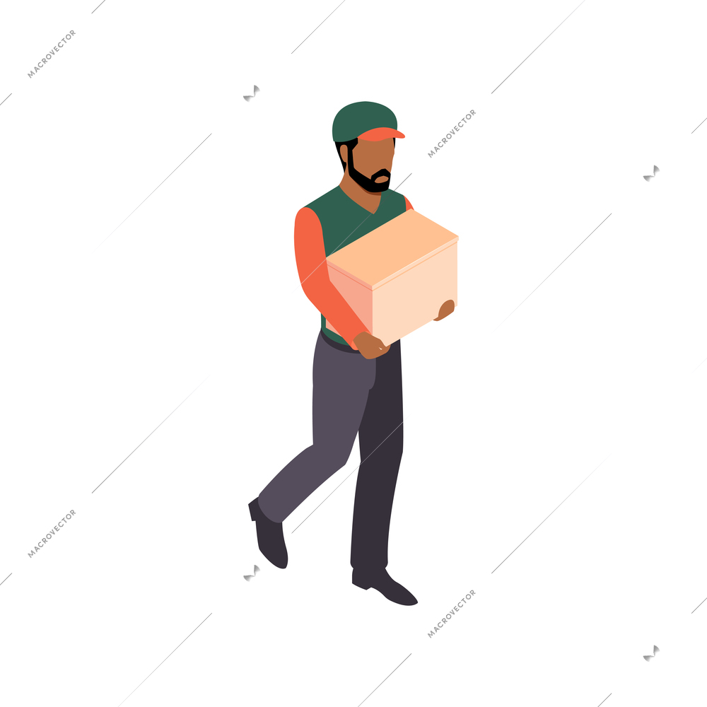 Isometric supermarket people composition with isolated character of freight handler with cardboard box vector illustration