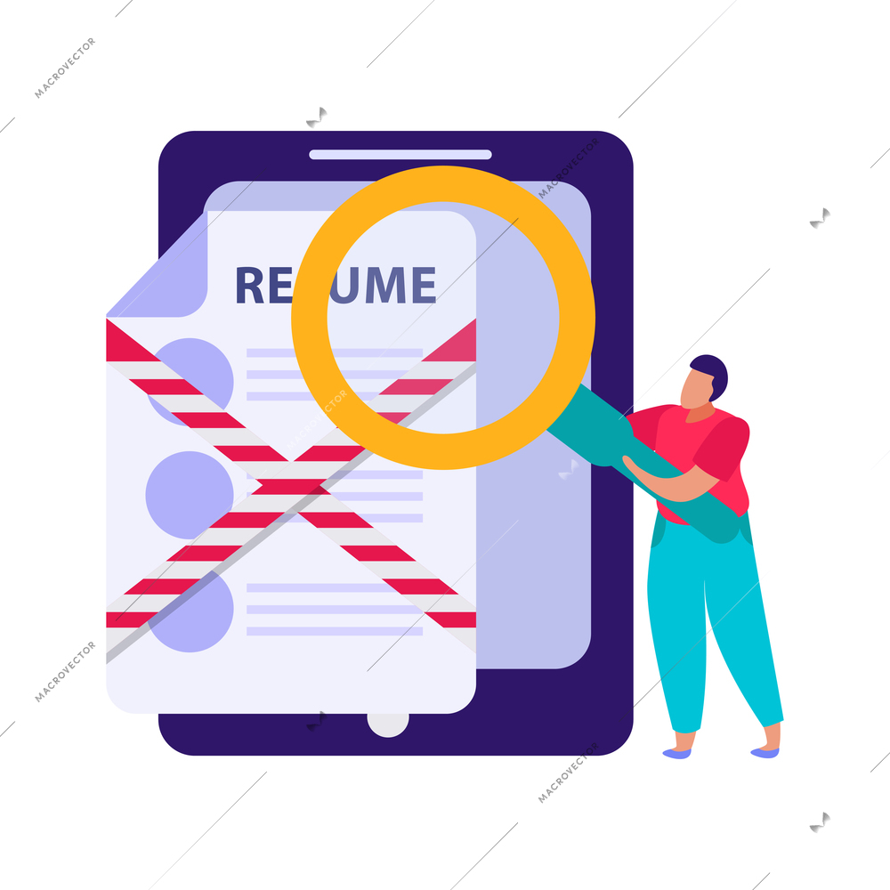 Discrimination flat composition with images of rejected resume with hand lens and human vector illustration