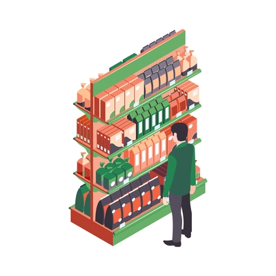 Isometric supermarket people composition with view of rack shelves with products and buyer vector illustration