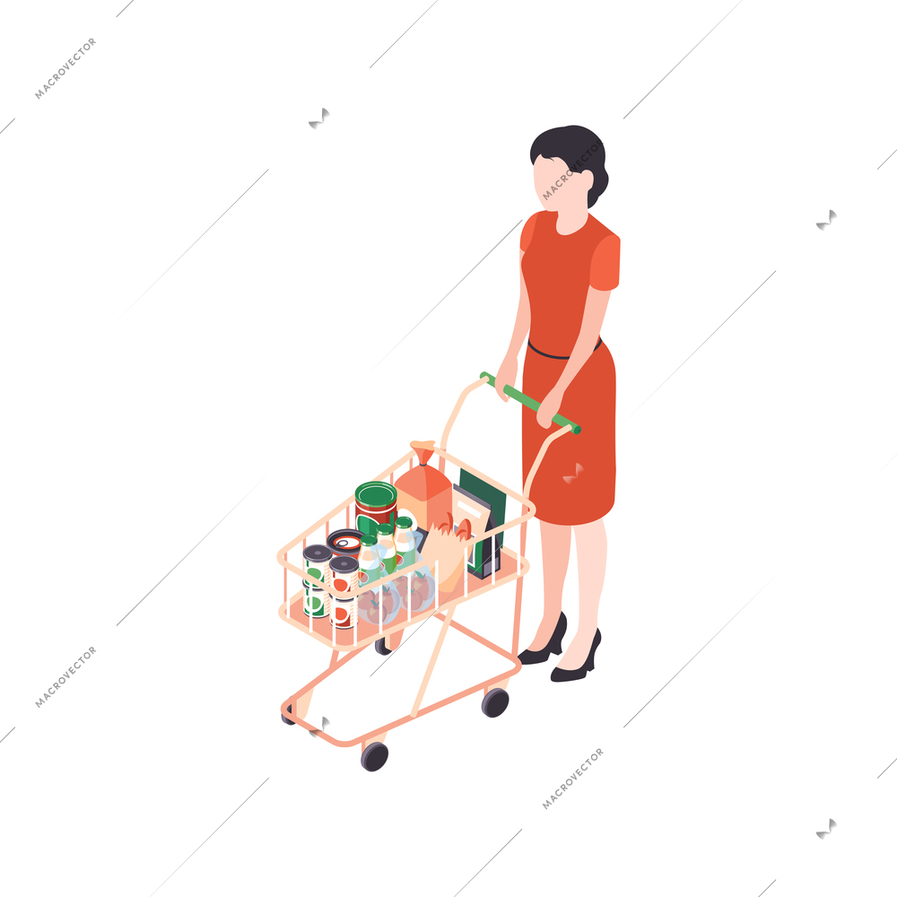 Isometric supermarket people composition with female character holding wheel cart with products vector illustration