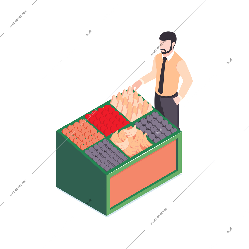 Isometric supermarket people composition with view of man near market stand with fruits vector illustration