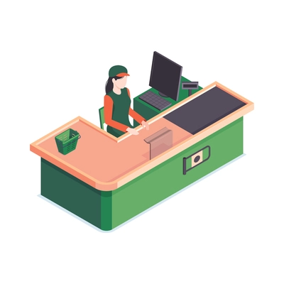 Isometric supermarket people composition with view of checkout counter with female cashier vector illustration