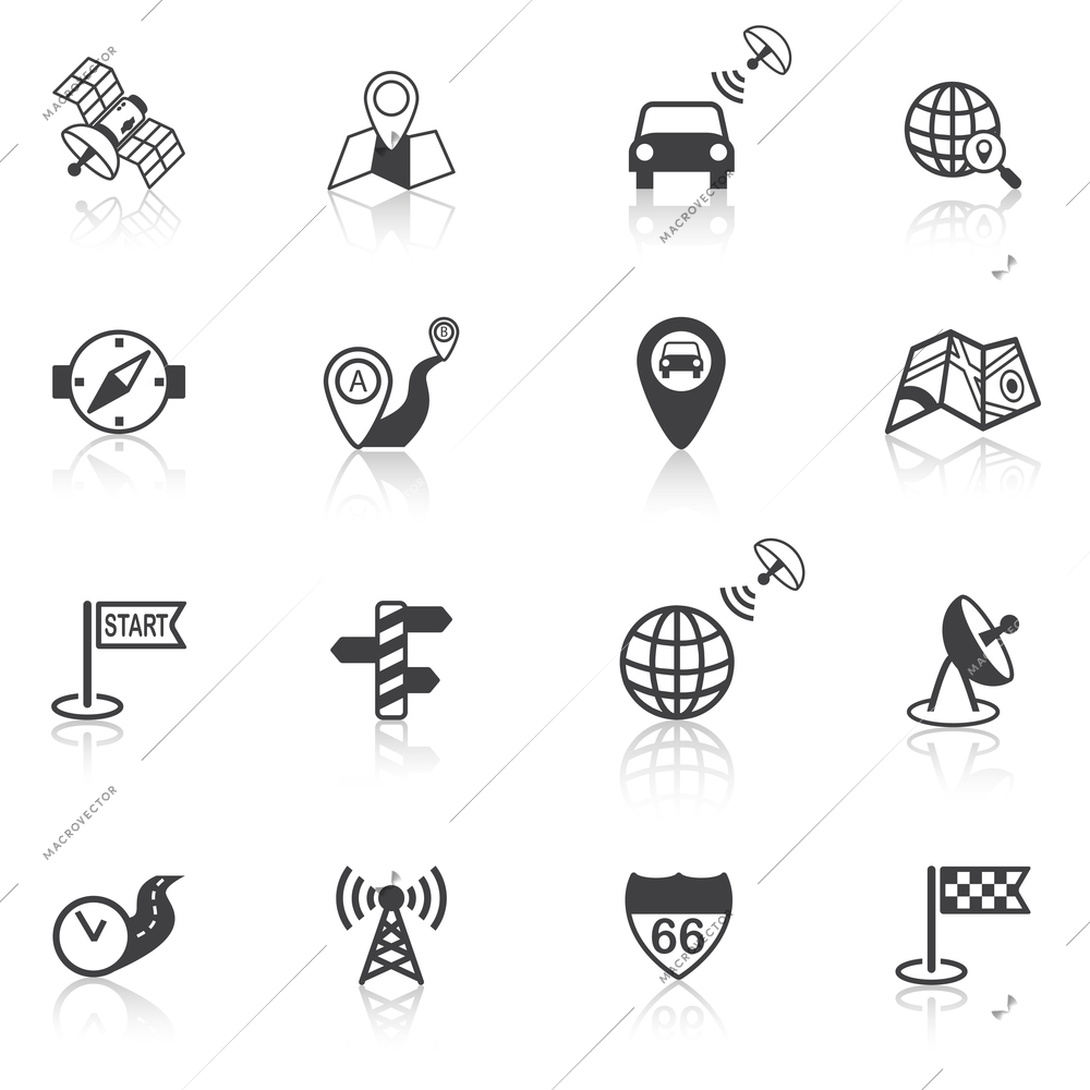 Mobile gps street navigation and travel black icons set isolated vector illustration