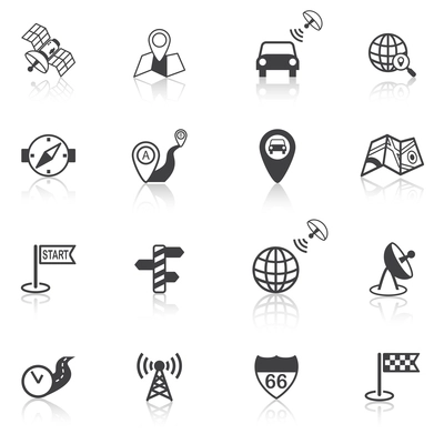 Mobile gps street navigation and travel black icons set isolated vector illustration