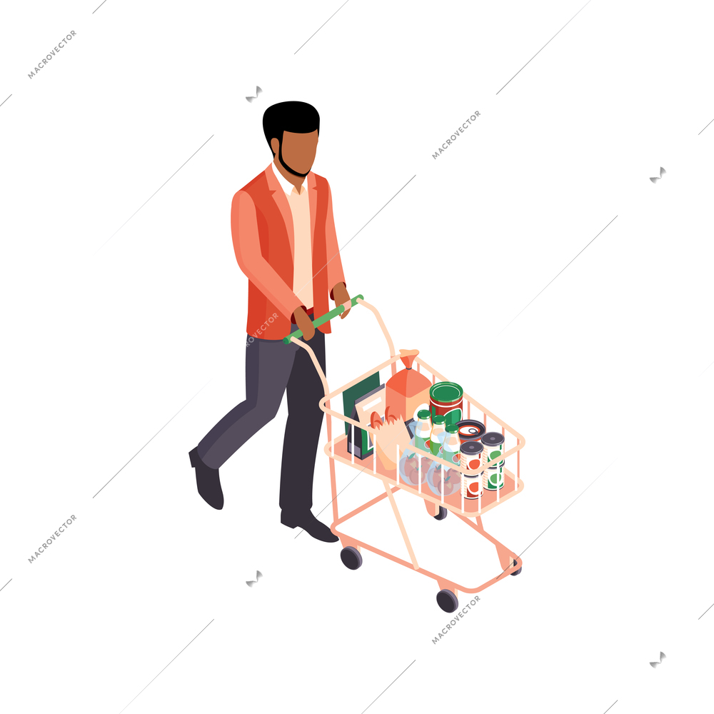 Isometric supermarket people composition with walking man with basket cart on wheels vector illustration