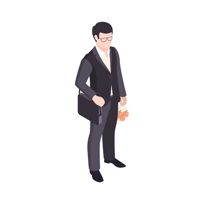 Isometric supermarket people composition with human character of man in suit with fruits vector illustration