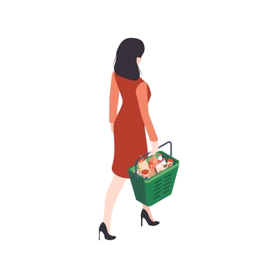 Isometric supermarket people composition with walking woman with basket full of products vector illustration