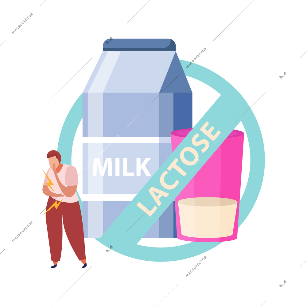 Lactose gluten intolerance diet composition with prohibited dairy milk bottle and glass vector illustration