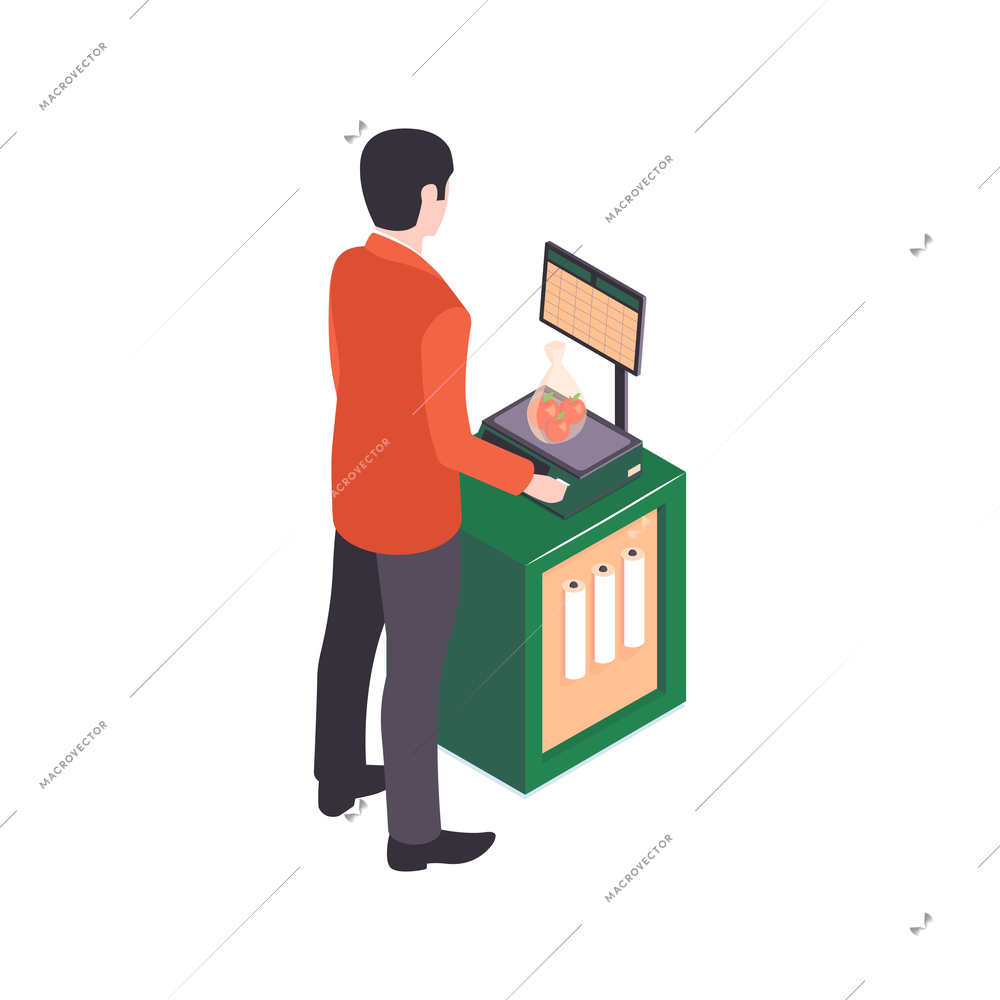 Isometric supermarket people composition with man with fruits in front of checkweighing scales vector illustration