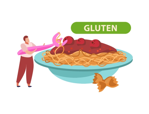 Lactose gluten intolerance diet composition with plate with noodles and ketchup containing gluten vector illustration