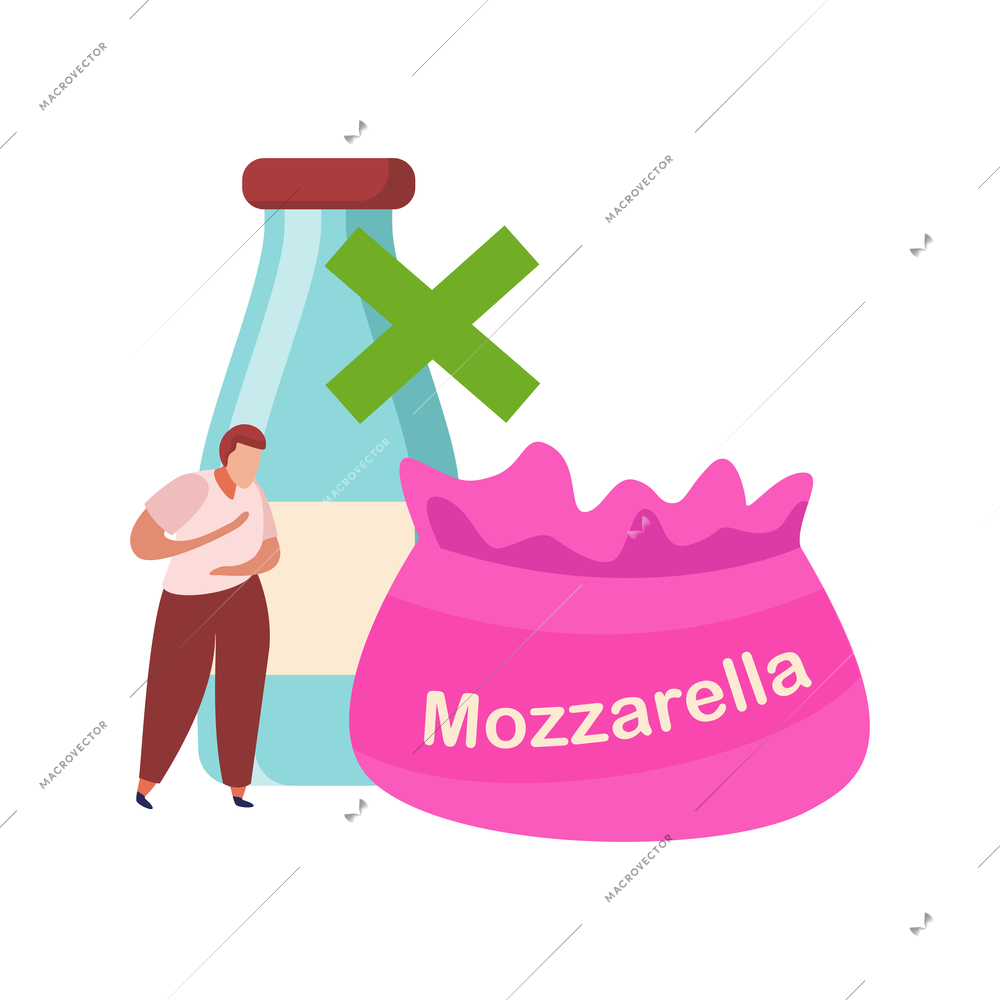 Lactose gluten intolerance diet composition with pack of mozzarella and human character vector illustration