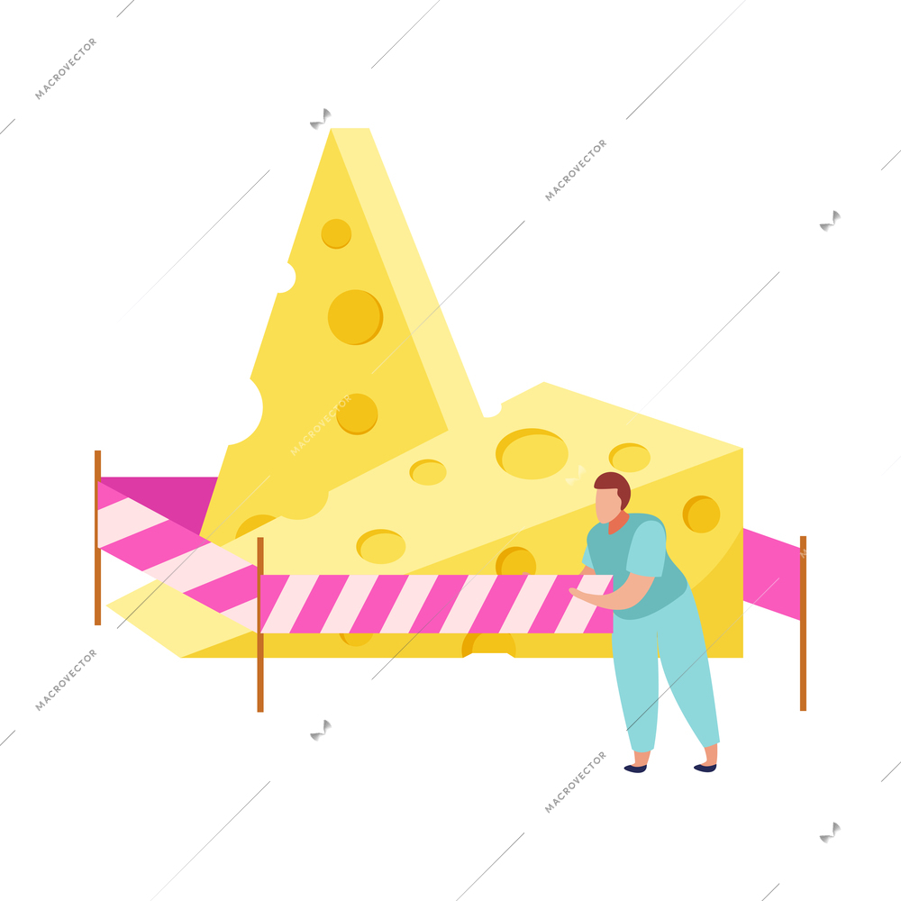 Lactose gluten intolerance diet composition with cheese behind barrier lines with doodle character vector illustration