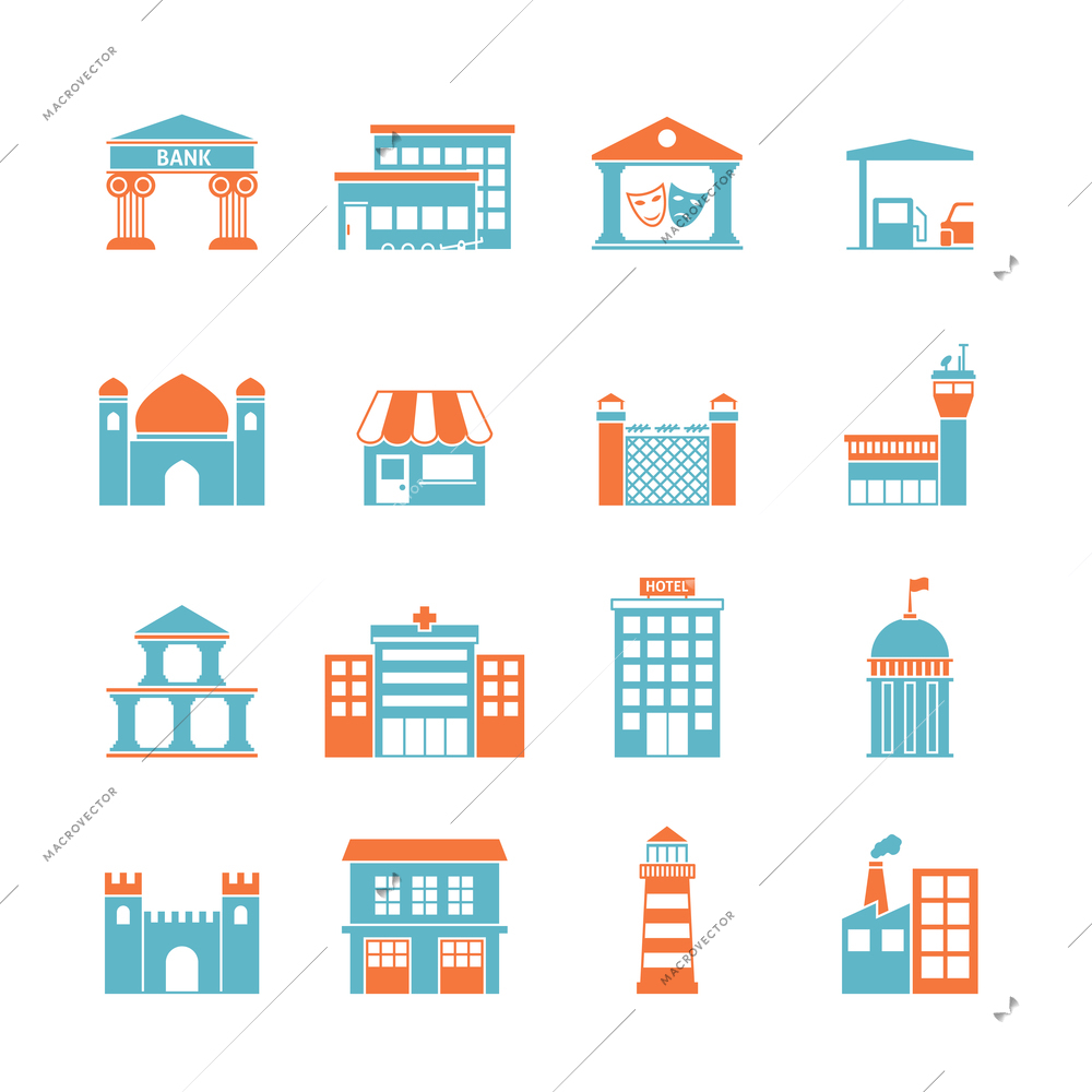 Government building icons set of kindergarten shop factory isolated vector illustration