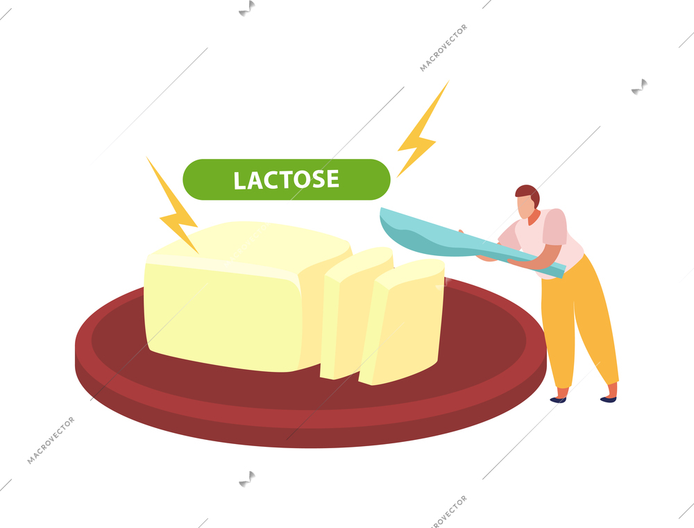 Lactose gluten intolerance diet composition with doodle character with knife and butter slices vector illustration