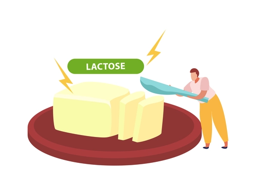 Lactose gluten intolerance diet composition with doodle character with knife and butter slices vector illustration