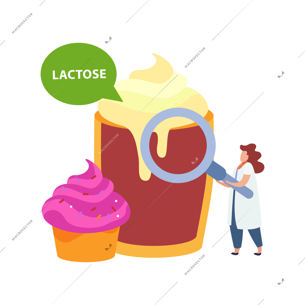 Lactose gluten intolerance diet composition with sweet products and doctor with hand lens vector illustration
