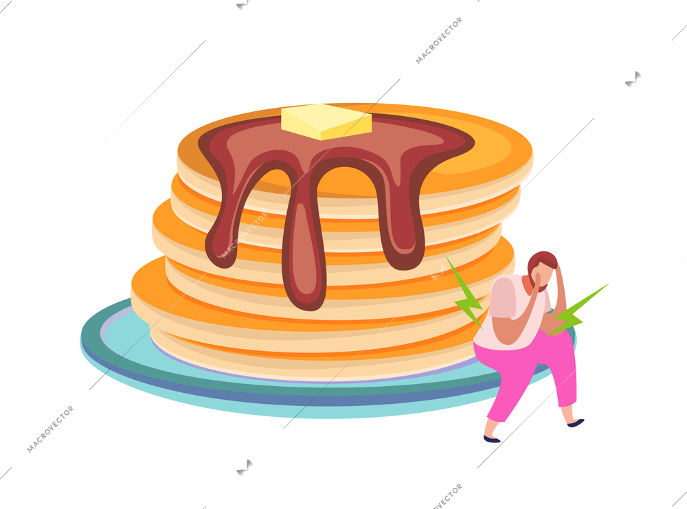 Lactose gluten intolerance diet composition with stack of sweet pancakes and distracted person vector illustration