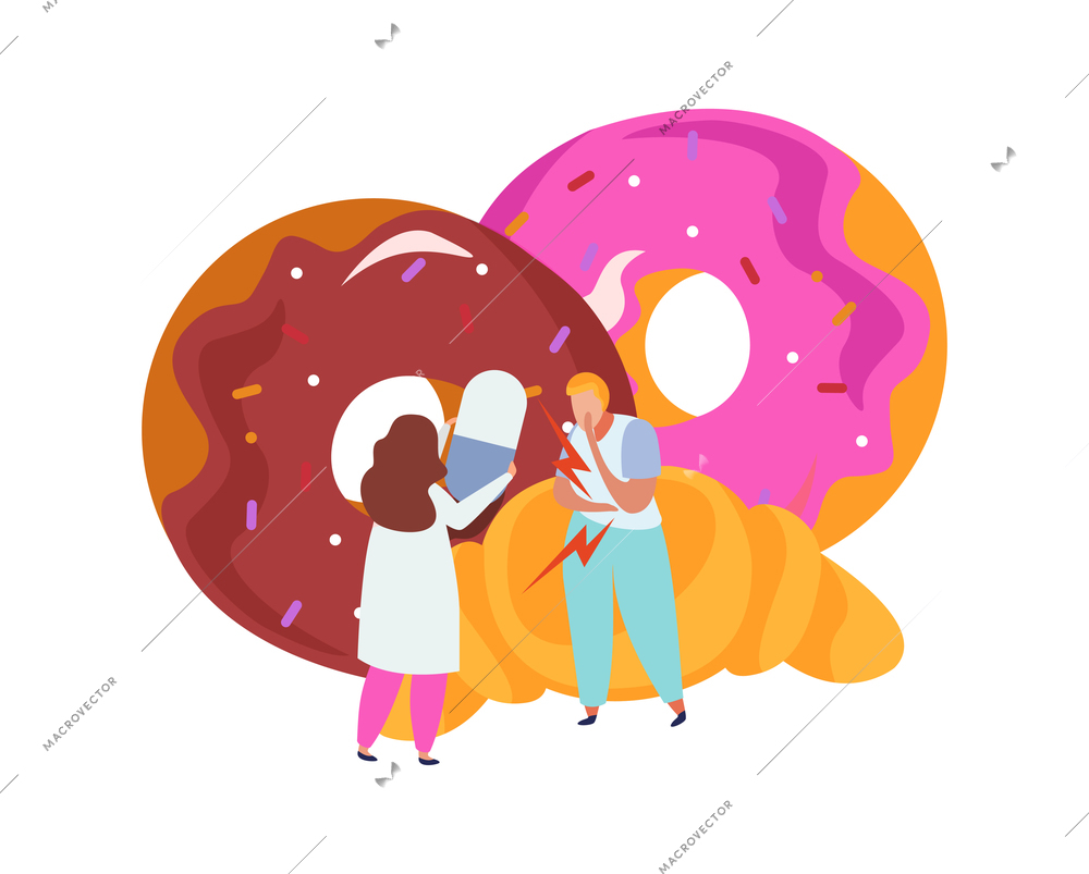 Lactose gluten intolerance diet composition with images of croissant and donuts with doctor and pill vector illustration
