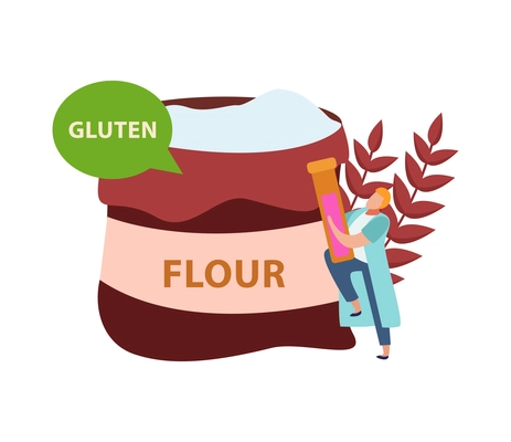 Lactose gluten intolerance diet composition with pack of flour with thought bubble and text vector illustration